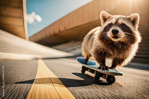 mapache doing sports in the city, skateboarding, fun, looking at the camera photo
