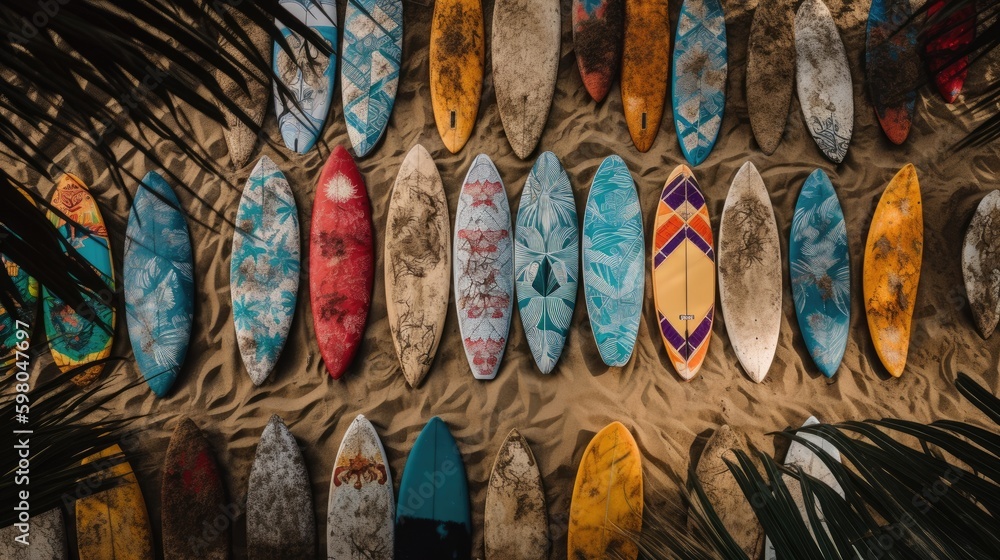 Tropical Surfing: A Bird's Eye View of Vibrant and Unique Surfboards on a Sandy Beach, AI generative