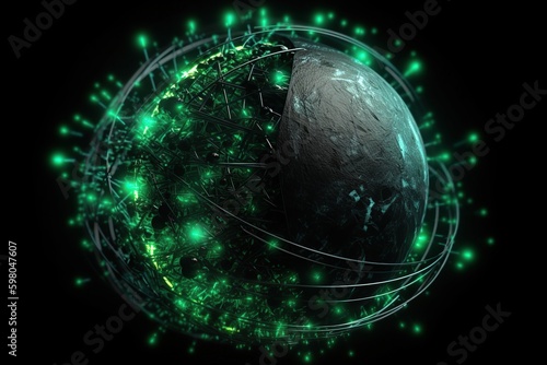 Network technology background futuristic tech green sphere background. Low poly wire made with generative AI Scy fi space illustration