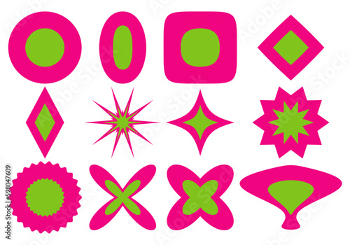 Conjunto de iconos en fucsia y verde. círculo, elipse, cuadrado redondeado, rombo, estrella, flor y pez