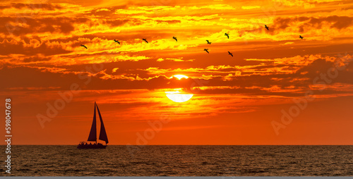 Sunset Beautiful Sailboat Sailing Surreal Ocean Landscape