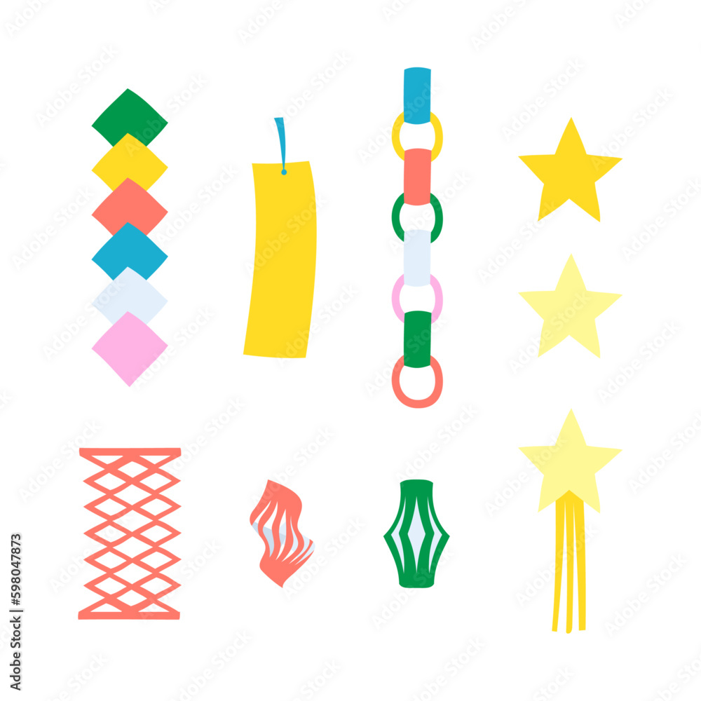 七夕飾りのイラストセット。フラットなベクターイラスト。
An illustration set of Tanabata decorations. Flat designed vector illustration. - obrazy, fototapety, plakaty 