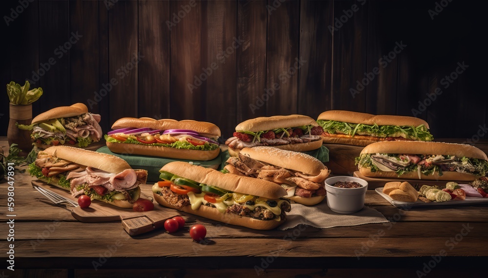Submarine sandwiches on a woodentable, menu ai, ai generative, illustration Submarine sandwiches on a woodentable, menu ai, ai generative, illustration