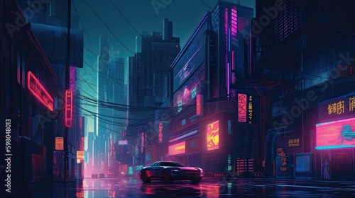 Neon-Lit Cityscape from the 80's: Retro-Futuristic Pixel Art Background. Generative AI