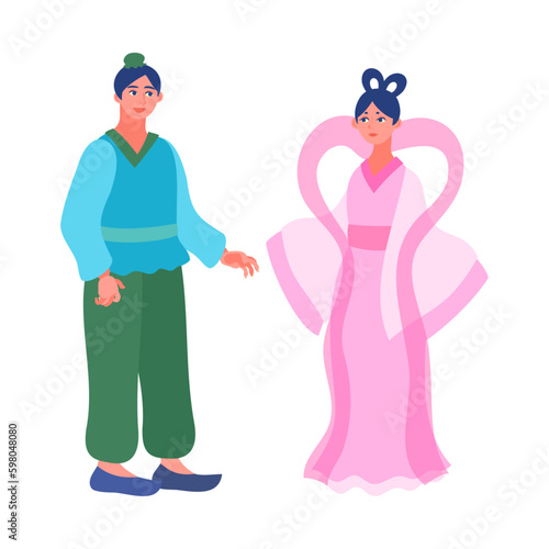 織姫と彦星。フラットなベクターイラスト。
Orihime (Vega Star) and Hikoboshi (Altair star) . Flat designed vector illustration.