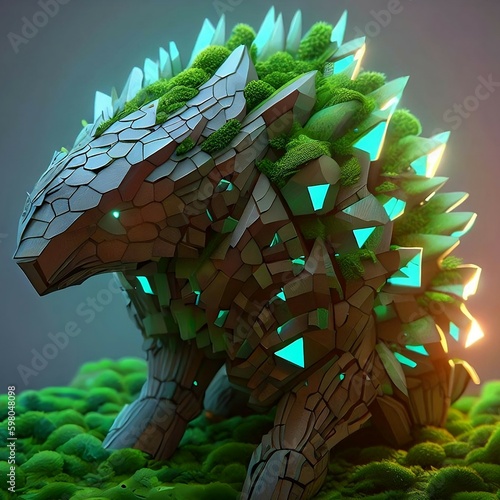 An abstract robotic geometrically sophisticated Porcupine that is made of wood and moss. It embodies geometrical 3d recursive systems, forest greenery, and glowing light elements. Generative AI image