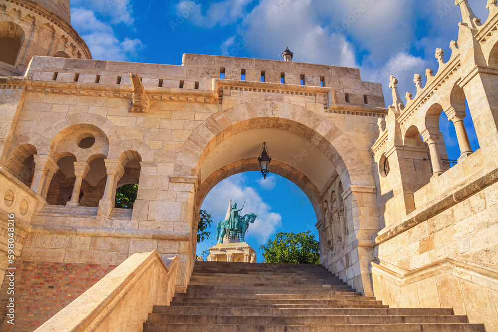 Bottom view of the staircase in the Fisherman's Bastion overlooking the equestrian statue of King Saint Stephen, Budapest, Hungary Bottom view of the staircase in the Fisherman's Bastion overlooking the equestrian statue of King Saint Stephen, Budapest, Hungary