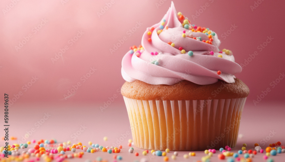 Mouth-watering pink frosted cupcake on a soft pink background Mouth-watering pink frosted cupcake on a soft pink background