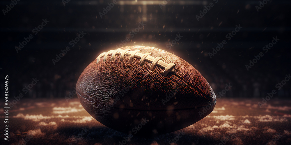 NFL, Ball auf dem Boden mit Stadionhintergrund Nahaufnahme, AI generativ