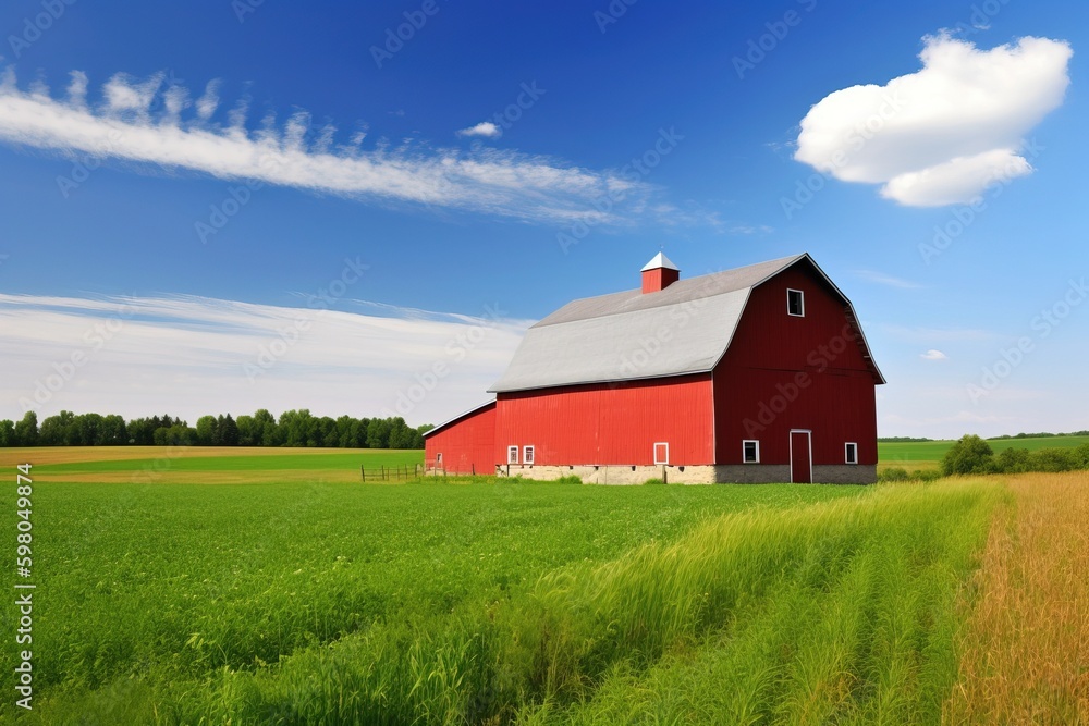 A red barn with a green field and blue sky in the background