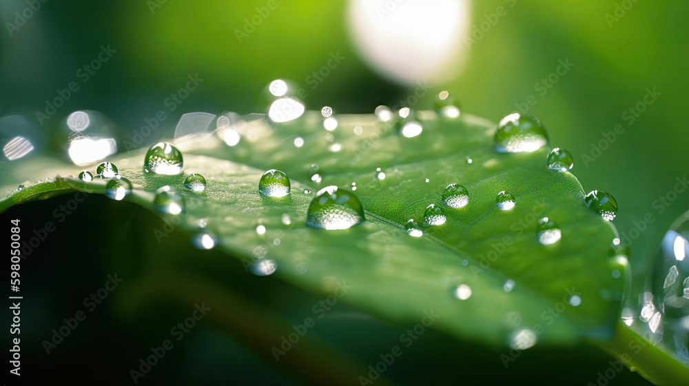 Beautiful water drops sparkle in sun on leaf in sunlight, macro. Big droplet of morning dew outdoor, AI generative Beautiful water drops sparkle in sun on leaf in sunlight, macro. Big droplet of morning dew outdoor, AI generative