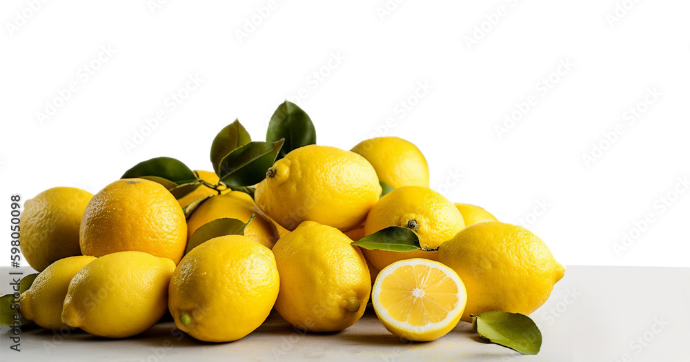 Fresh pile of lemons isolated on white background. Ripe yellow fruit