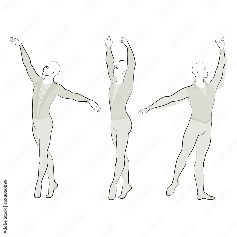 Collection. Silhouette of a slim guy, male ballet dancer. The artist has a beautiful slim figure, strong body. The man is dancing. Vector illustration set