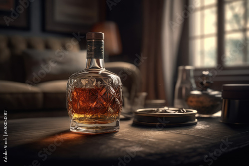 A mouth-watering close-up of bottle of whiskey in a beautiful and modern lounge photorealistic, AI Generative