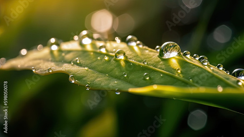 Beautiful water drops sparkle in sun on leaf in sunlight, macro. Big droplet of morning dew outdoor, AI generative