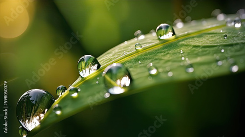 Beautiful water drops sparkle in sun on leaf in sunlight, macro. Big droplet of morning dew outdoor, AI generative