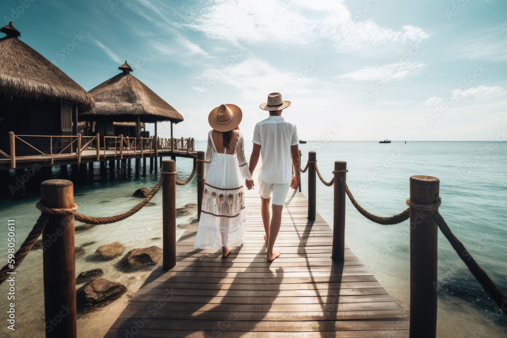 Romantic beach getaway holidays for honeymoon couple, tropical vacation in luxurious hotel, AI generative