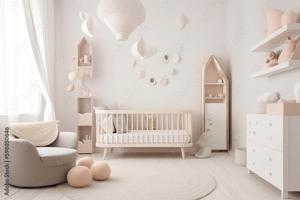 Modern minimalist nursery room in scandinavian style. Baby room interior in light colours, AI generative Modern minimalist nursery room in scandinavian style. Baby room interior in light colours, AI generative