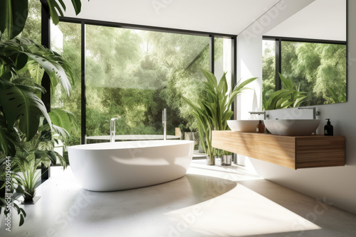 Modern bathroom with bathtub and big windows overlooking the beautiful nature. AI generative