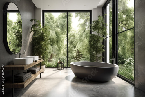 Modern bathroom with bathtub and big windows overlooking the beautiful nature. AI generative © DarkKnight