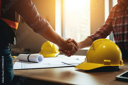 Yellow safety helmet on workplace desk with construction worker team hands shaking greeting start up plan, AI generative