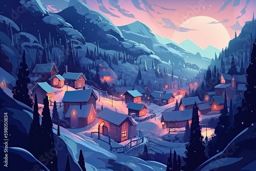 A Cosy Winter Wonderland: Illustration of a Snowy Little Village at Sunset, with Mountains, Trees and Nature in the Cold Night Sky. Generative AI