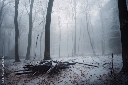 A Generative Winter Wonderland: Beech Tree Forest Covered in a Soft Veil of Snow and Mist: Generative AI © AIGen
