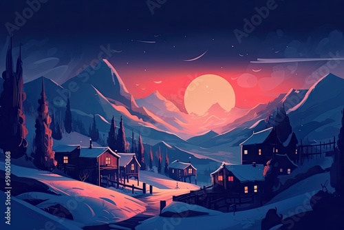 Cosey Winter Wonderland: A Snowy Little Village Nestled in Nature's Landscape at Sunset: Generative AI photo