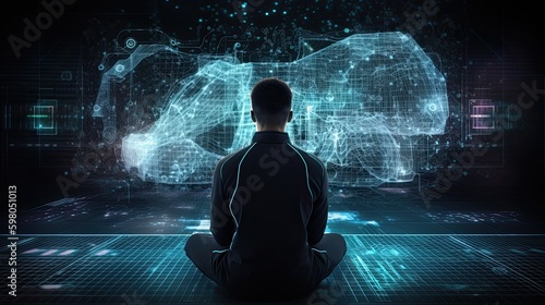 Technician sits Pondering Digital Brain in Virtual Environment, Interconnected with Big Data and AI Circuit Board - Illustration. Generative AI