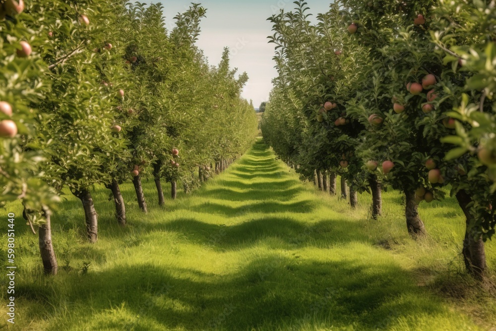 A row of apple trees in an orchard