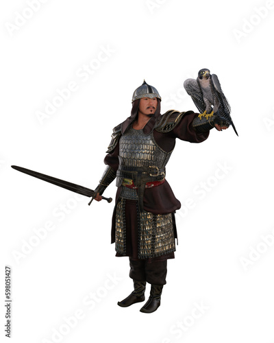 Photos Historical Mogolian conquerer Genghis Khan standing in armour with sword in right hand a Falcon bird on his left arm