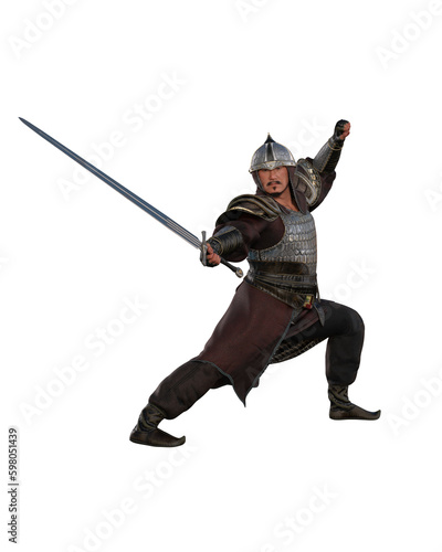 Historical Mogolian warrior wearing armour in fighting pose with sword. Isolated 3D illustration.