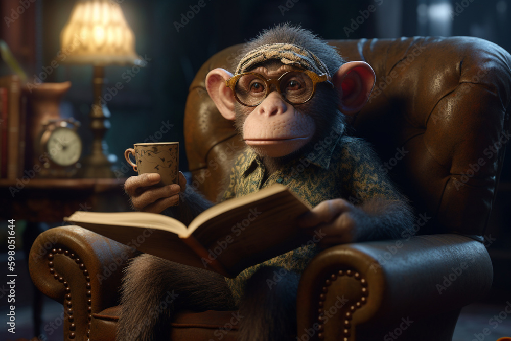 Monkey with glasses reading a book while sitting in a chair. generated ai