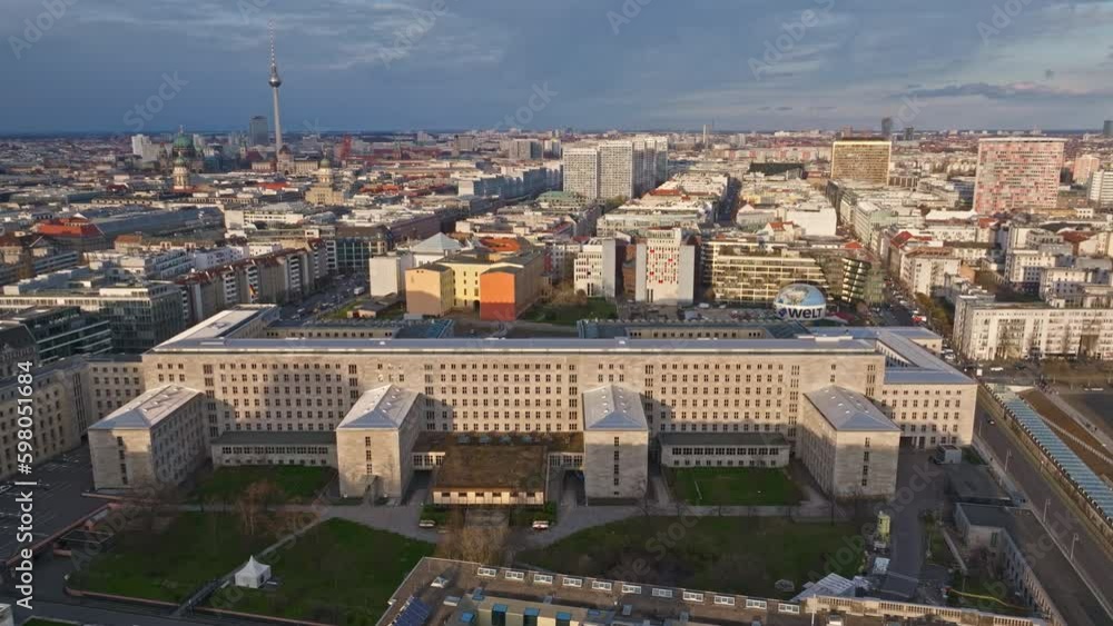 Drone shot of The Detlev-Rohwedder-Haus (Detlev Rohwedder House) includes Federal Ministry of Finance ( Bundesministerium der Finanzen ) near Air Service Berlin - Welt Balloon , Berlin , Germany