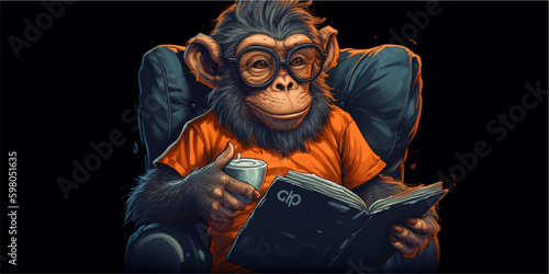 Monkey with glasses reading a book while sitting in a chair. generated ai