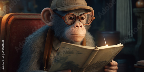 Old monkey with glasses reading a book while sitting in a chair. generated ai