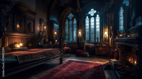 Gothic, interior of a large luxurious bedroom, generative AI