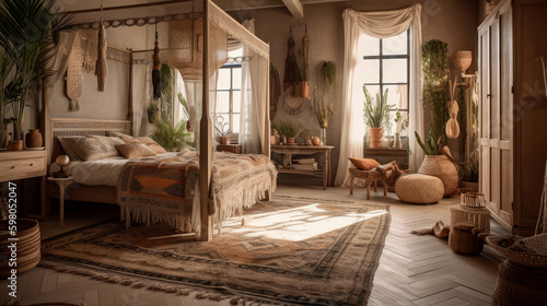 Rustic bedroom, four poster bed, carpet, linen, wood, bohemian. Generative AI.