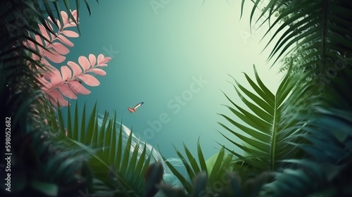 Beautiful fresh jungle background with exotic tropical leaves lake a round frame. Copy space in the middle. Green nature backdrop. AI generative image.
