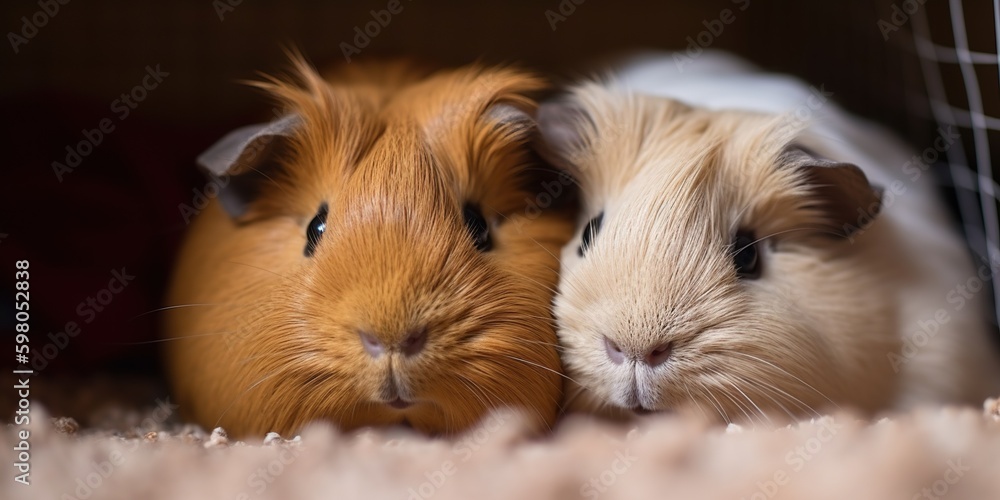 A pair of guinea pigs snuggling together in their cozy cage, concept of Cuddling mammals, created with Generative AI technology Generative AI A pair of guinea pigs snuggling together in their cozy cage, concept of Cuddling mammals, created with Generative AI technology Generative AI