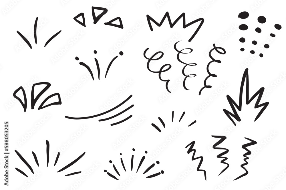 Line doodle sparkle, sun shine and sunburst rays, vector bursts and hand drawn starburst. Doodle line explosion circles and spark elements of sunshine light, fireworks or cartoon confetti splatter - obrazy, fototapety, plakaty 