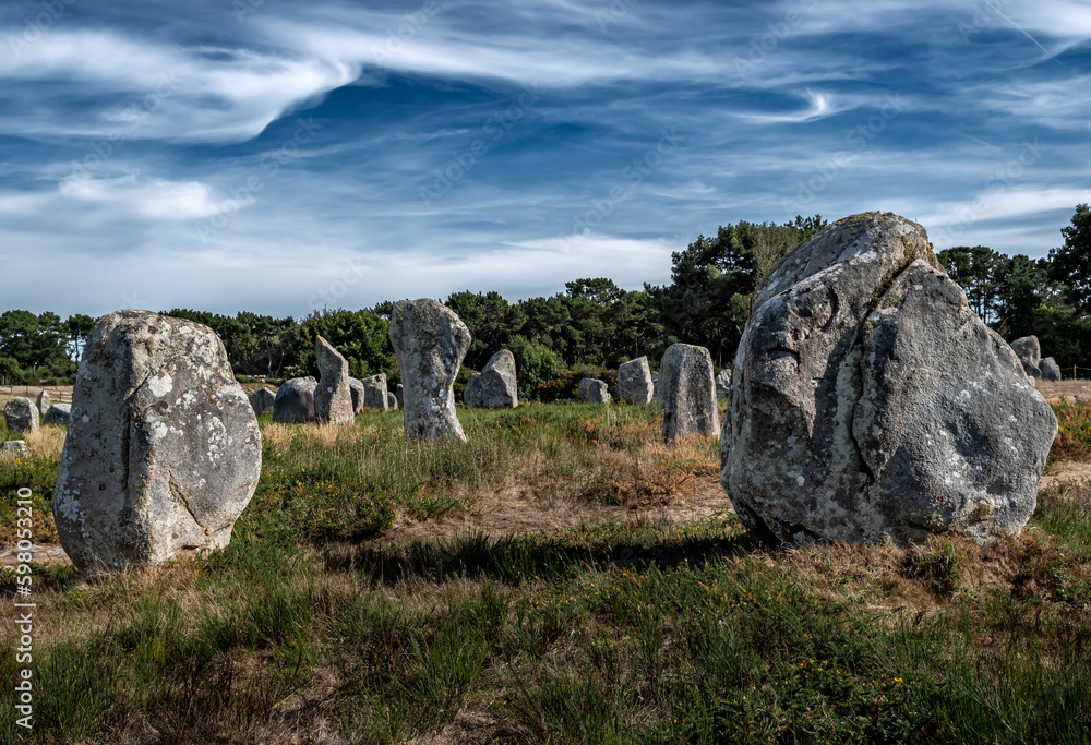 Ancient Stone Field Alignements De Menhir Carnac With Neolithic Megaliths In Brittany, France Ancient Stone Field Alignements De Menhir Carnac With Neolithic Megaliths In Brittany, France