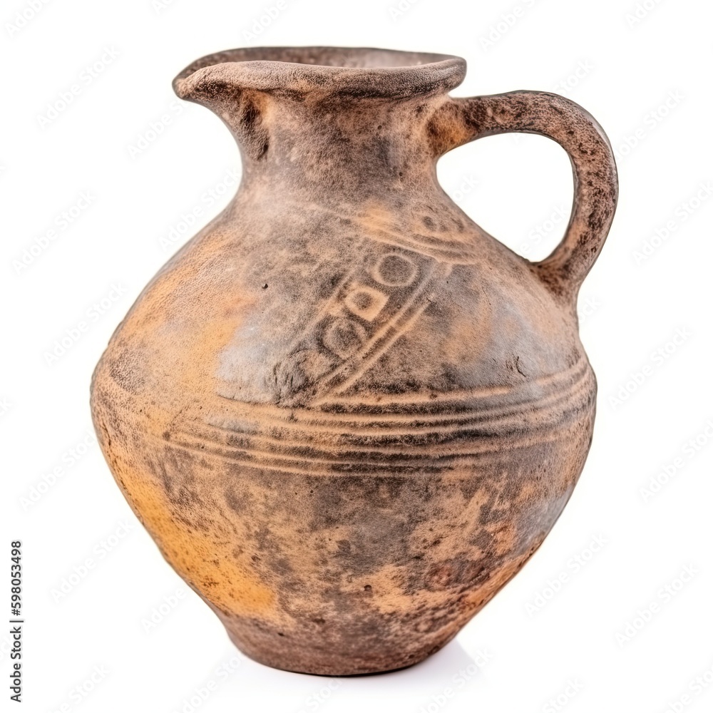 Ancient Clay Jug from an Ancient Civilization, Isolated on White Background. Generative AI