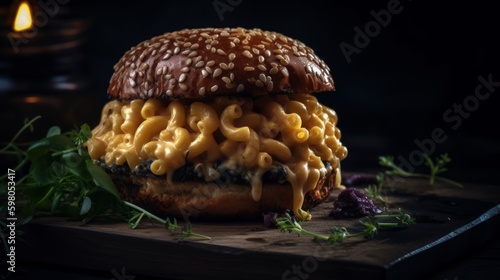 American mac and cheese hamburger, commercial, closeup shot, ai, ai generative, illustration