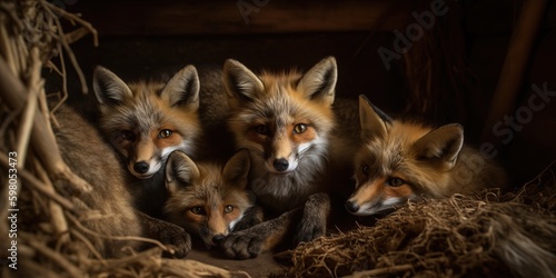 A pack of red foxes cuddled up together in their cozy den, concept of Familial bonding, created with Generative AI technology Generative AI