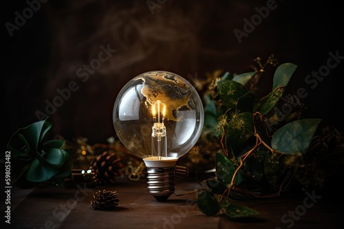 A Festive Holiday Decoration: Global Map with a White Globe, Earth and Plant inside a Light Bulb: Generative AI