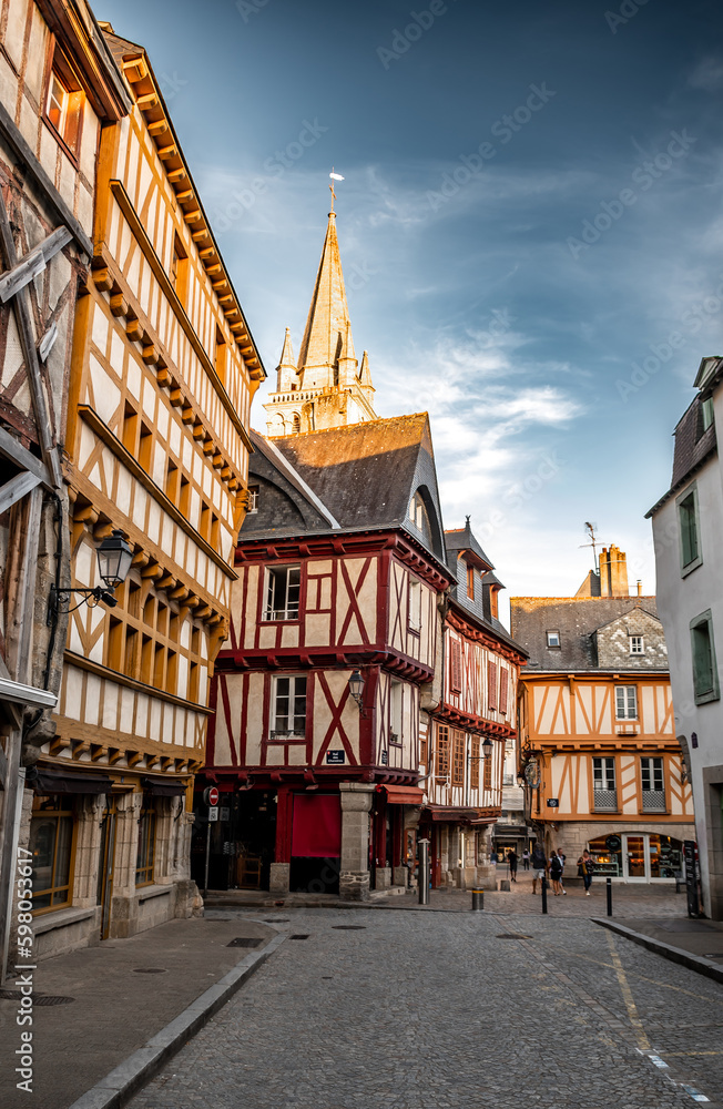 Naklejka premium Narrow Street In The Medieval City Vannes At Morbihan Atlantic Coast In Brittany, France