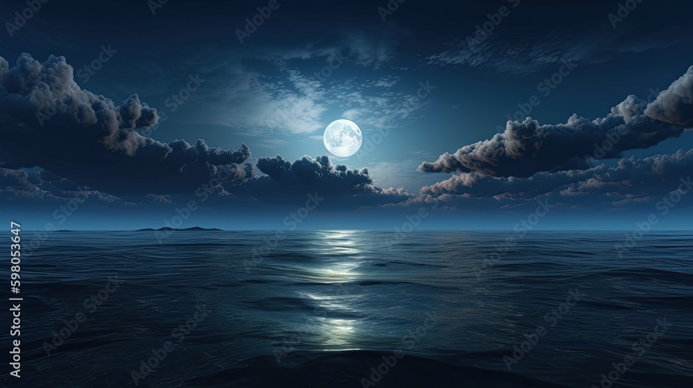 Romantic Moonlight Dance over Sea and Sky: a Majestic Nighttime Panorama of Earth and Full Moon: Generative AI