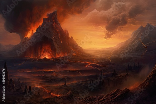 The Magmatic Realm of Muspelheim: A Darkly Glowing Landscape of Norse Mythology: Generative AI