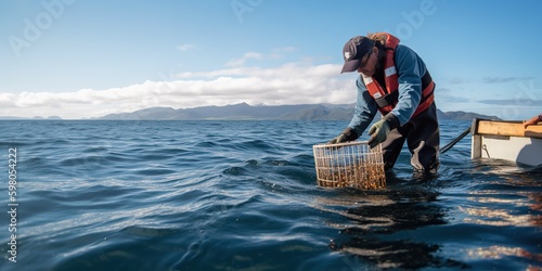 A marine biologist releasing tagged fish back into the ocean, contrasted against a research-focused backdrop, concept of Ecological conservation, created with Generative AI technology Generative AI photo